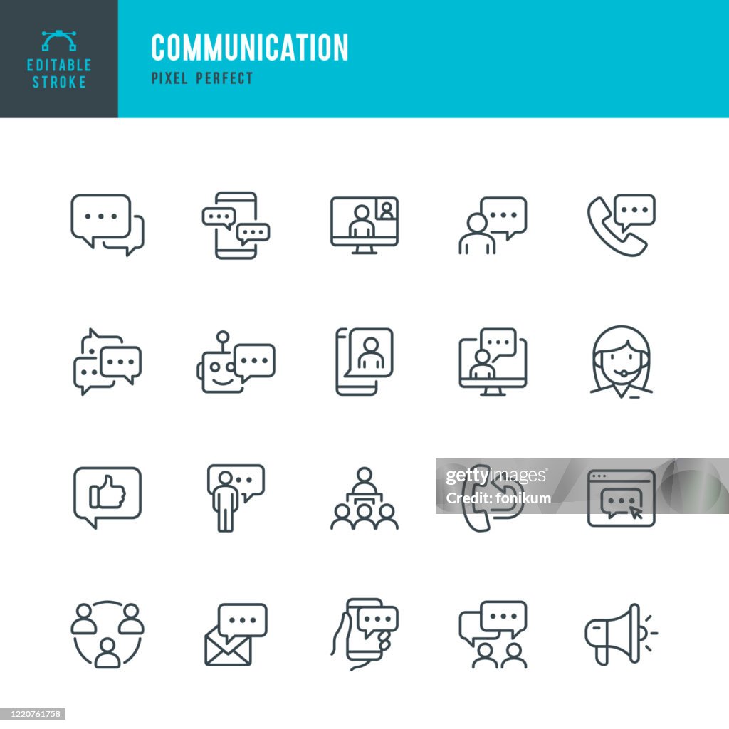 COMUNICACIONES - conjunto de iconos vectoriales de línea delgada. Píxel perfecto. Trazo editable. El conjunto contiene iconos: Burbuja de voz, Comunicación, Formulario de aplicación, Contáctenos, Blogging, Comunidad.