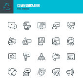 COMMUNICATION - thin line vector icon set. Pixel perfect. Editable stroke. The set contains icons: Speech Bubble, Communication, Application Form, Contact Us, Blogging, Community.