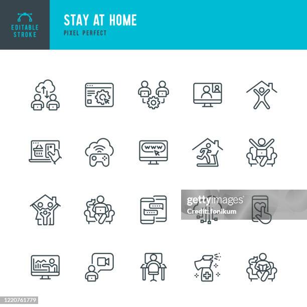 illustrazioni stock, clip art, cartoni animati e icone di tendenza di stay at home - set di icone vettoriali a linea sottile. pixel perfetto. tratto modificabile. il set contiene icone: stay at home, social distancing, quarantine, video conference, working at home, e-learning, fitness. - comodità