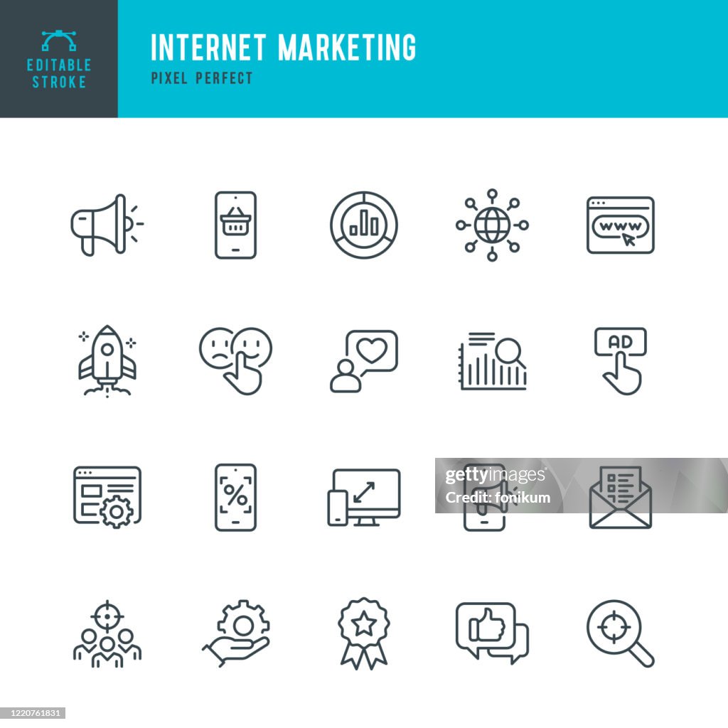 INTERNET MARKETING - Dünnlinien-Vektor-Symbol-Set. Pixel perfekt. Bearbeitbarer Strich. Das Set enthält Symbole: Online Shopping, Testimonial, Fragebogen, Megaphon, Rocket, Contented Emotion.