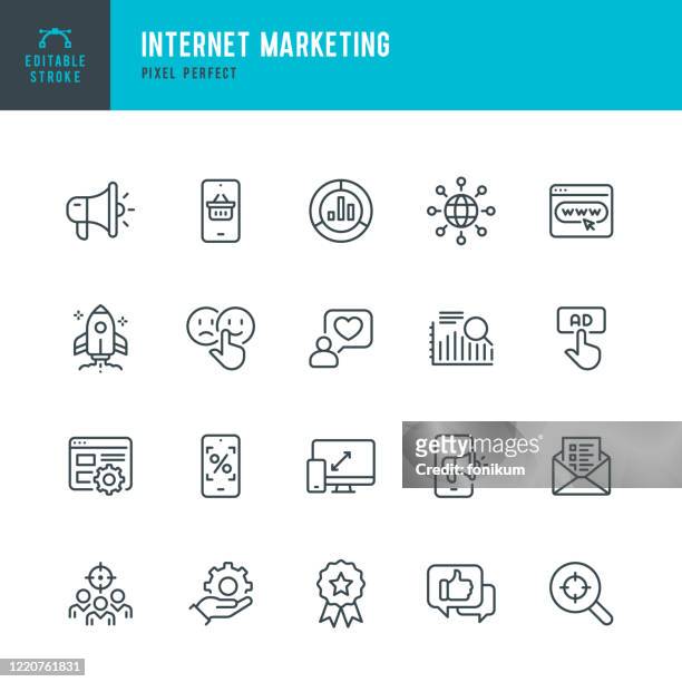 internet marketing - thin line vector icon set. pixel perfect. editable stroke. the set contains icons: online shopping, testimonial, questionnaire, megaphone, rocket, contented emotion. - internet stock illustrations