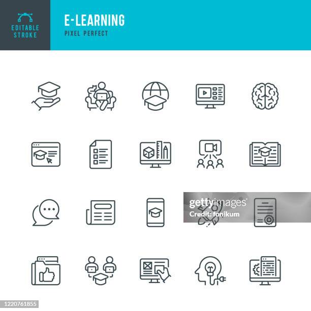 stockillustraties, clipart, cartoons en iconen met e - leren - dunne lijn vector pictogram set. pixel perfect. bewerkbare slag. de set bevat iconen: e-learning, educatief examen, rocket, brain, book. - tutorial