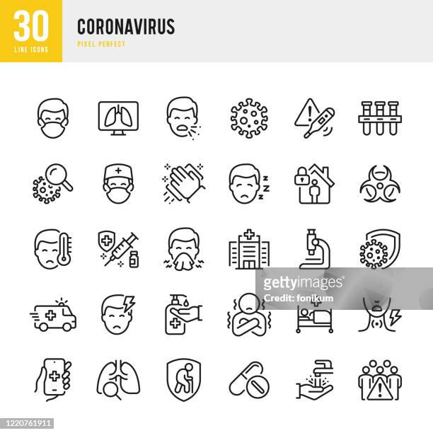 coronavirus - dünnlinien-vektor-symbol-set. pixel perfekt. das set enthält symbole: coronavirus, niesen, husten, arzt, fieber, quarantäne, erkältung und grippe, gesichtsmaske, impfung. - illness stock-grafiken, -clipart, -cartoons und -symbole