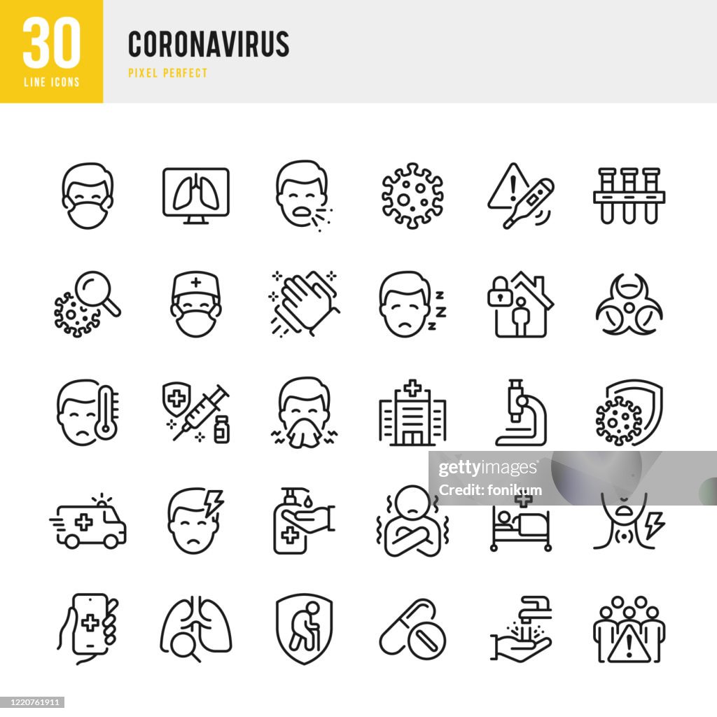 CORONAVIRUS - set di icone vettoriali a linea sottile. Pixel perfetto. Il set contiene icone: Coronavirus, Starnuti, Tosse, Medico, Febbre, Quarantena, Freddo e Influenza, Maschera facciale, Vaccinazione.