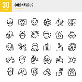 CORONAVIRUS - thin line vector icon set. Pixel perfect. The set contains icons: Coronavirus, Sneezing, Coughing, Doctor, Fever, Quarantine, Cold And Flu, Face Mask, Vaccination.