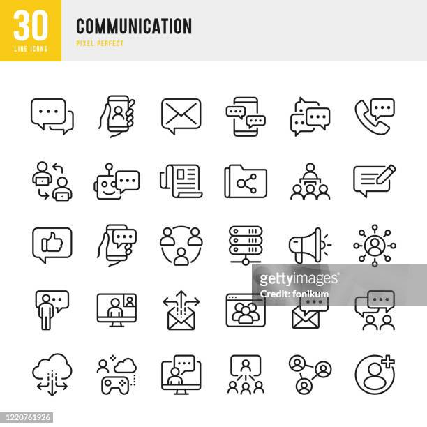 communication - thin line vector icon set. pixel perfect. the set contains icons: speech bubble, communication, application form, contact us, blogging, e-mail, telephone, community. - customer engagement icon stock illustrations