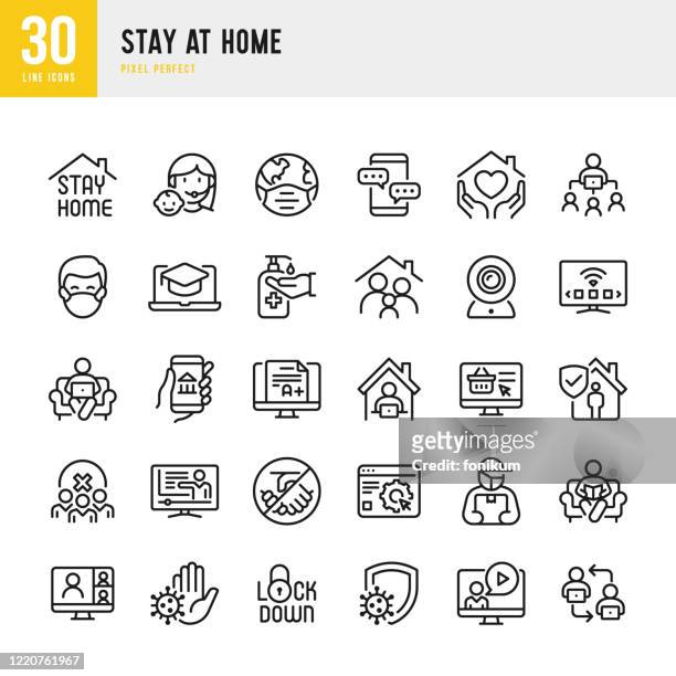 stay at home - dünnlinien-vektor-symbol-set. pixel perfekt. das set enthält symbole: stay at home, social distancing, quarantäne, videokonferenz, working at home, e-learning. - wohngebäude stock-grafiken, -clipart, -cartoons und -symbole