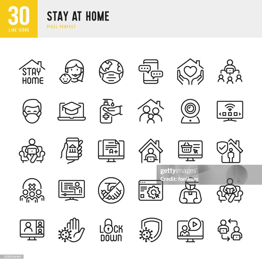 STAY AT HOME - thin line vector icon set. Pixel perfect. The set contains icons: Stay at Home, Social Distancing, Quarantine, Video Conference, Working At Home, E-Learning.