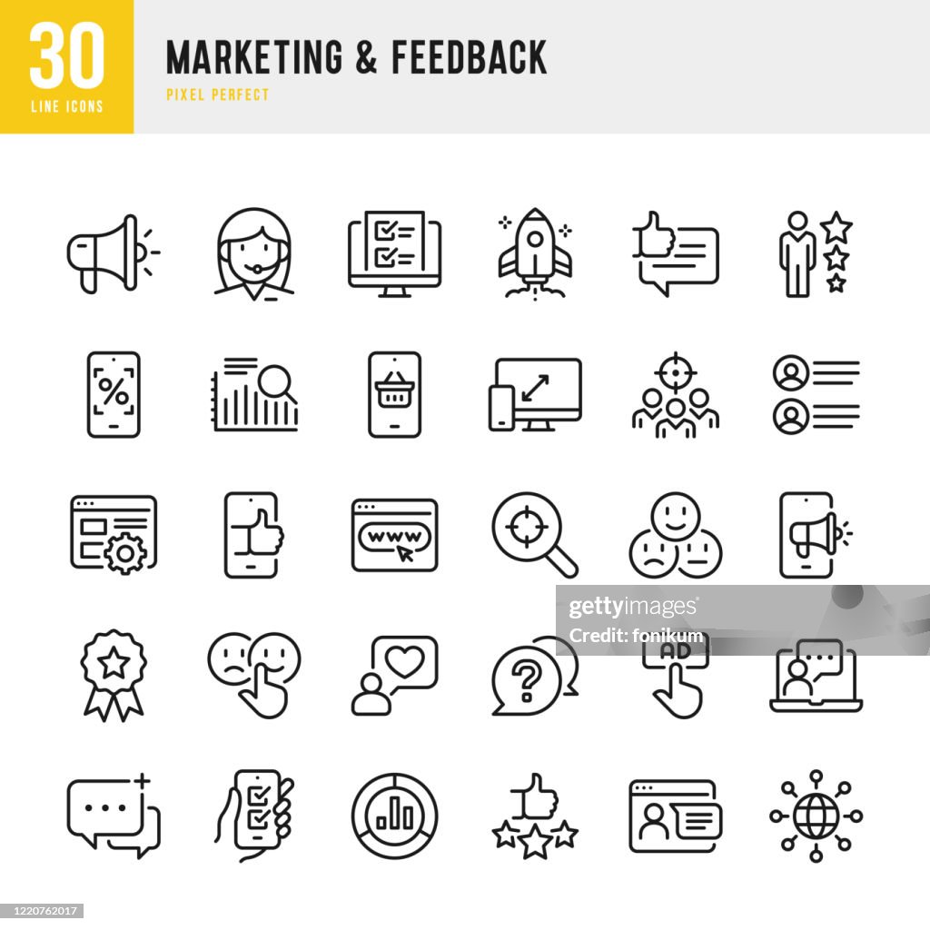 MARKETING & FEEDBACK - thin line vector icon set. Pixel perfect. The set contains icons: Questionnaire, Feedback, Support, Thumb Up, Testimonial, Rating, Satisfaction.