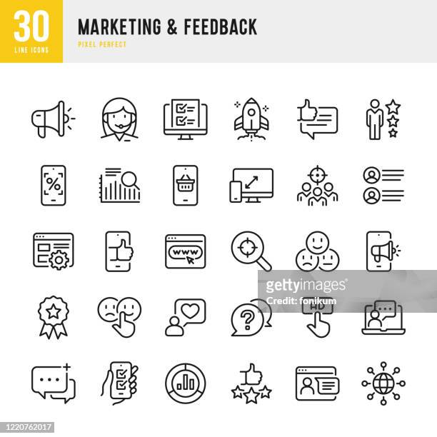 marketing & feedback - thin line vector icon set. pixel perfect. the set contains icons: questionnaire, feedback, support, thumb up, testimonial, rating, satisfaction. - focus group discussion stock illustrations