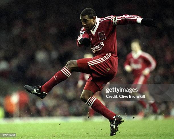 John Barnes of Liverpool takes a shot at goal during the FA Carling Premiership match against Arsenal played at Anfield in Liverpool, England....