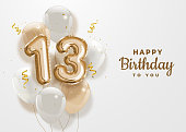 Happy 13th birthday gold foil balloon greeting background.