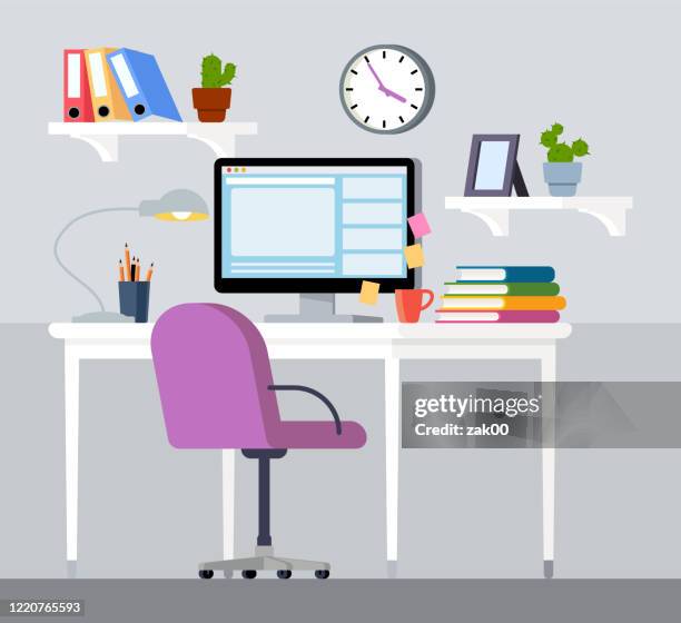 stockillustraties, clipart, cartoons en iconen met werkplek - thuis werken