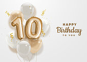 Happy 10th birthday gold foil balloon greeting background.