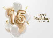 Happy 15th birthday gold foil balloon greeting background.