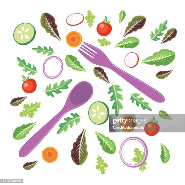 blattsalat grüns mit utensilien - salatschüssel stock-grafiken, -clipart, -cartoons und -symbole