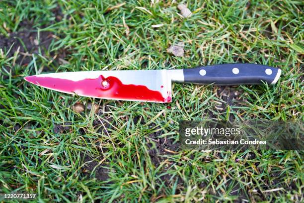 concept image of a sharp knife with blood in the grass. - bloody knife stockfoto's en -beelden