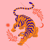 Сard with chinese tiger in boho asian style. Beautiful animal print design. For fabric, wall art, interior design, social media post, packaging. Floral branch, crescent moon, star, magic.