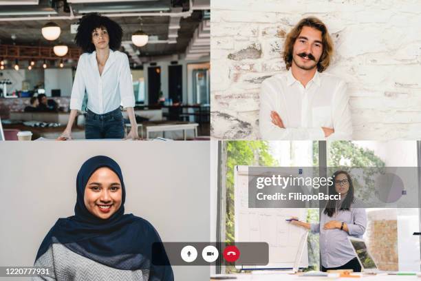 screenshot of a work video call - four people of different ethnicities connecting together - live event business stock pictures, royalty-free photos & images