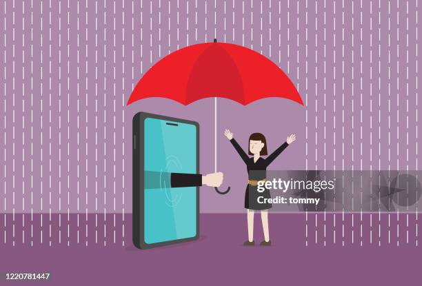 stockillustraties, clipart, cartoons en iconen met online verzekeringsagent maakt gebruik van een paraplu om een zakenvrouw te beschermen tegen regen - stormbaan