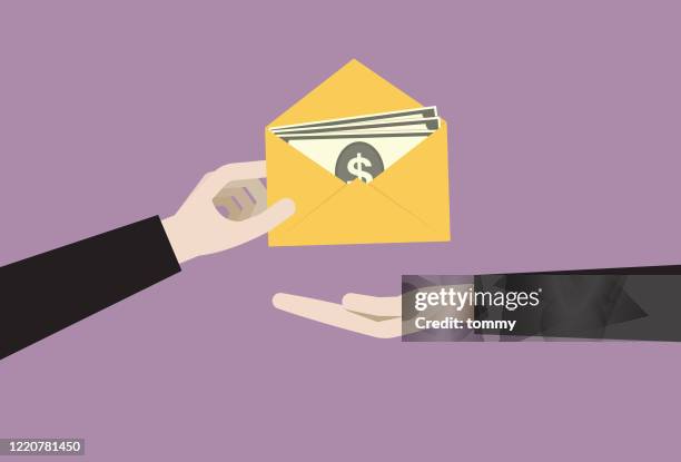 stockillustraties, clipart, cartoons en iconen met de zakenman geeft een dollarbiljet van de v.s. in een envelop - money borrow