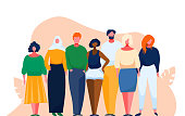 Diverse multinational group of people. Multicultural and multiethnic crowd. Vector illustration with cartoon characters. Man and woman of different nations stay together as a team.