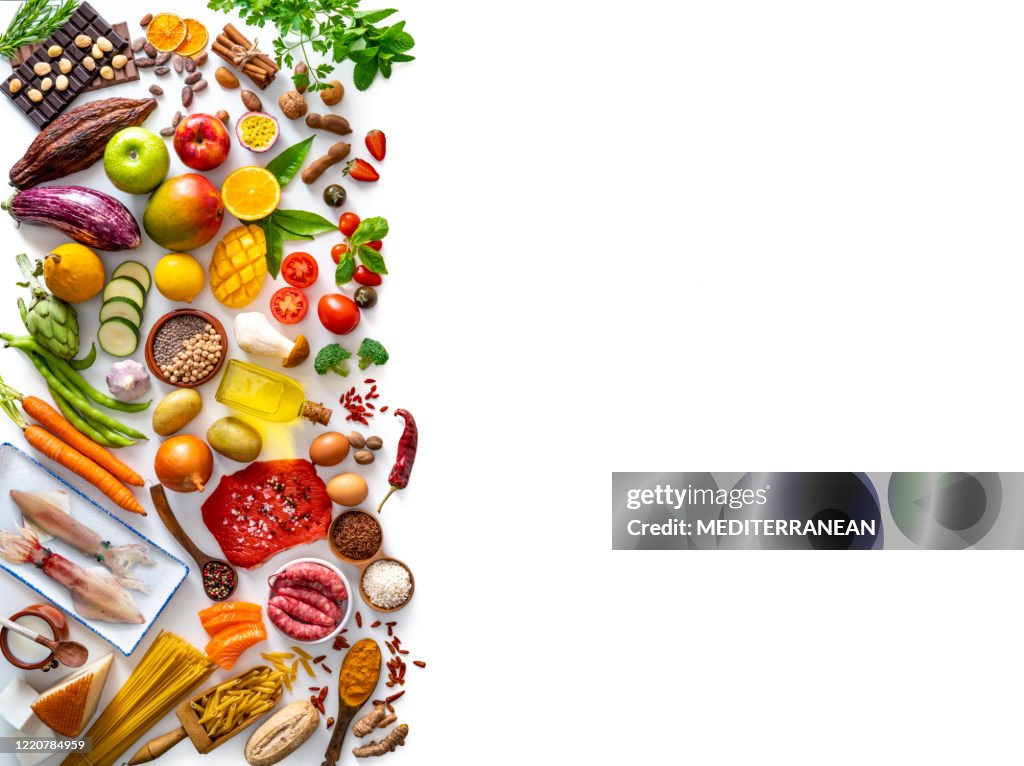 Varied food carbohydrates protein vegetables fruits dairy legumes on white