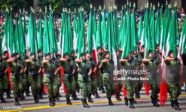 tientallen mexicaanse vlaggen in de militarparade voor de dag van de onafhankelijkheid in mexico-stad - boots rifle helmet stockfoto's en -beelden
