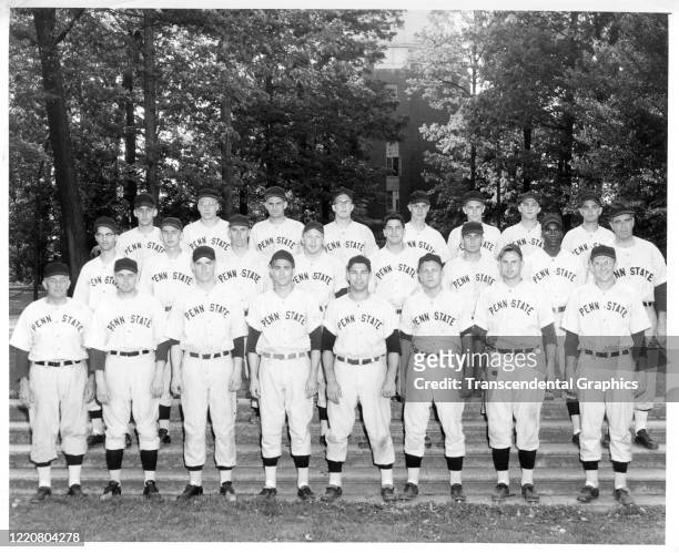 Portrait of members of the Penn State University baseball team as they pose on campus, State College, Pennsylvania, 1957.