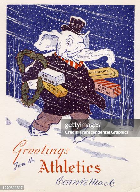 Lithographic Christmas card from the Philadelphia Althetics baseball team , 1950. The card was sent to investors and season tickets holders.