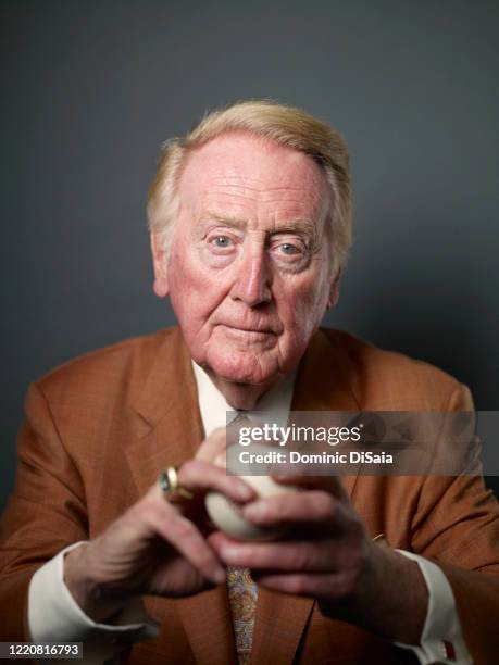 Sportscaster Vin Scully is photographed for ESPN.com at Dodger Stadium on June 4, 2013 in Los Angeles, California.