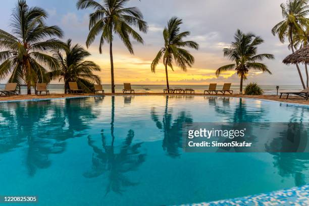 swimming pool with palm trees at tropical beach, zanzibar, tanzania - lido stock pictures, royalty-free photos & images