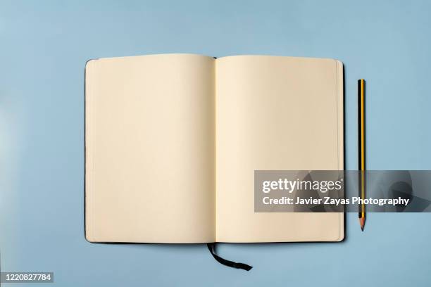 blank book - blank pages in open book overhead view stock pictures, royalty-free photos & images