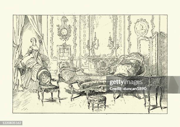 french 19th century salon furniture - chaise longue stock illustrations