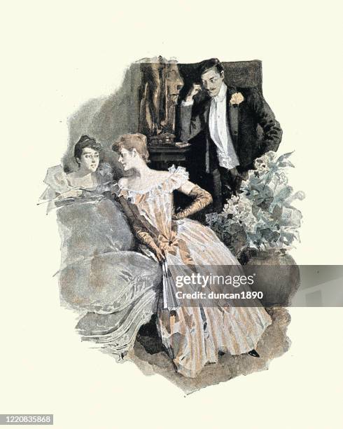 ilustraciones, imágenes clip art, dibujos animados e iconos de stock de invitados a una fiesta nocturna de alta sociedad victoriana - victorian gown