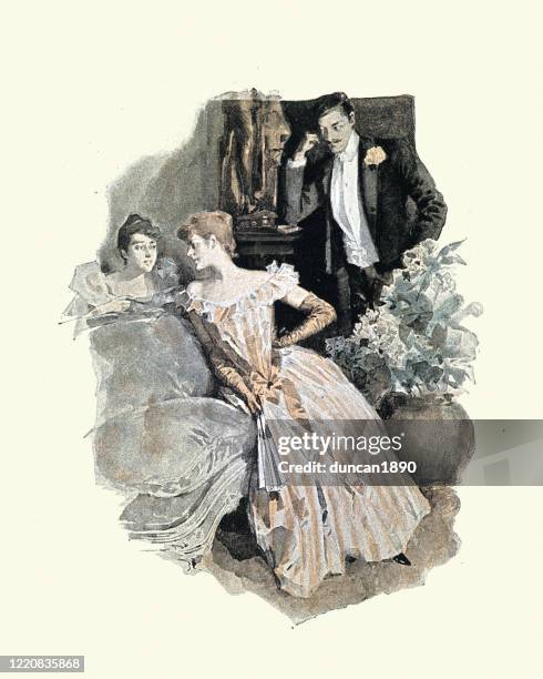 guests at a victorian high society evening party - heterosexual couple stock illustrations