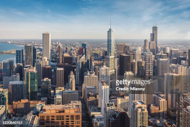urban chicago cityscape golden hour aerial view - panorama stock pictures, royalty-free photos & images