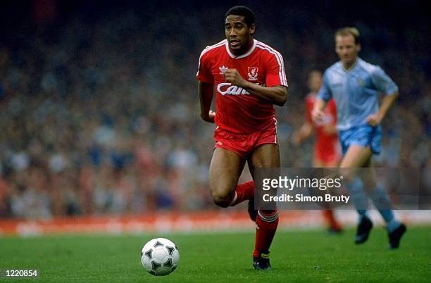 John Barnes of Liverpool in action during the Canon League Division One match against Coventry City played at Anfield in Liverpool, England. The...