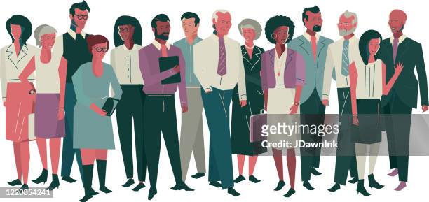 business teamwork - large horizontal diverse business people in a crowd on a white background - creative crowd stock illustrations