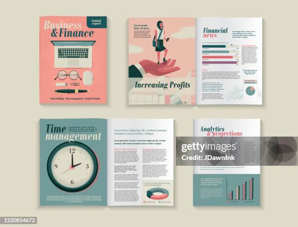 business and finance magazine or flyer design template layouts - newsletter design stock illustrations