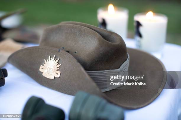 An Australian Army slouch hat is seen is display during a front yard ANZAC Day ceremony in Wattle Grove on April 25, 2020 in Sydney, Australia....