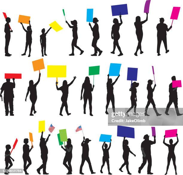 stockillustraties, clipart, cartoons en iconen met mensen die protesttekenen silhouetten 1 - optocht