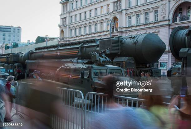 Vehicle transports a RS-24 Yars strategic nuclear missile along a street during a Victory Day rehearsal in Moscow, Russia, on Wednesday, June 17,...