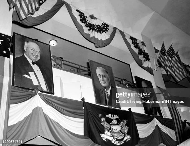 General view of the portraits of James Farley, Franklin Delano Roosevelt and Herbert H. Lehman are shown during the opening of the 1948 Democratic...