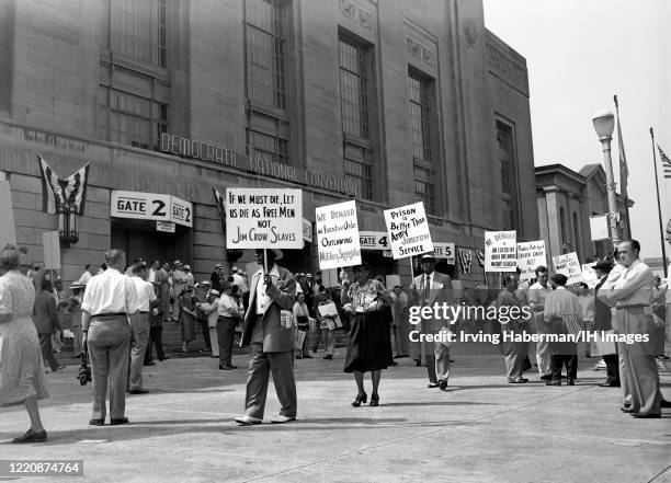 Picketers walking outside of the Democratic National Convention are demanding equal rights for Negroes and Anti-Jim Crow plank in the Party platform....