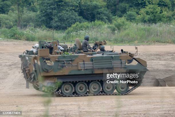 South Korean Military take part in an drill near DMZ in Paju, South Korea, on June 18, 2020. South Korea's top security officials had discussions...