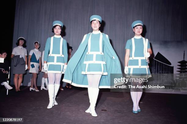 Hostesses of Suntory Pavilion pose for photographs as the Expo '70 preparation continues on February 11, 1970 in Suita, Osaka, Japan.