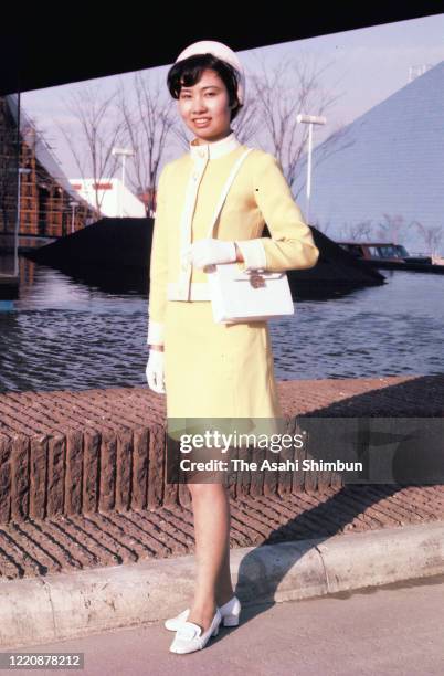 Hostess of the Sanyo Pavilion poses for photographs as the Expo '70 preparation continues on February 13, 1970 in Suita, Osaka, Japan.