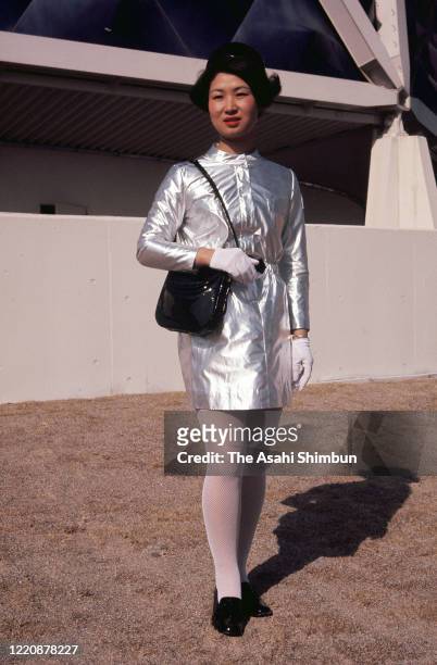Hostess of the Sanyo Pavilion poses for photographs as the Expo '70 preparation continues on February 13, 1970 in Suita, Osaka, Japan.