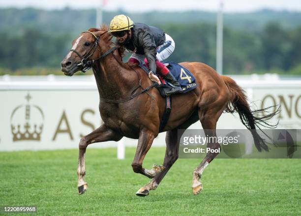 Stradivarius ridden by Frankie Dettori crosses the line to win his third Gold Cup during Day 3 of Royal Ascot at Ascot Racecourse on June 18, 2020 in...